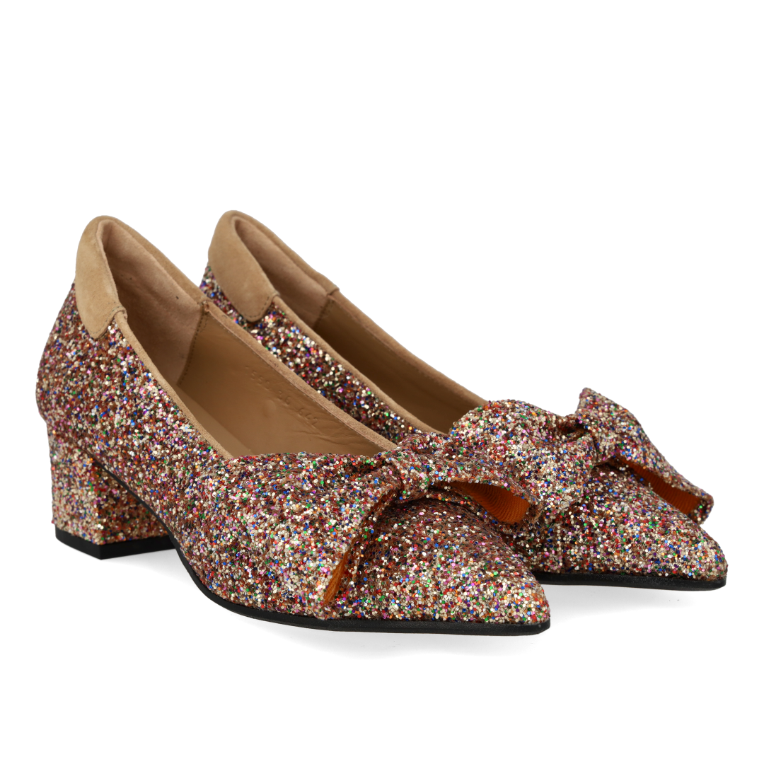 Sløjfe pump i funklende glitter