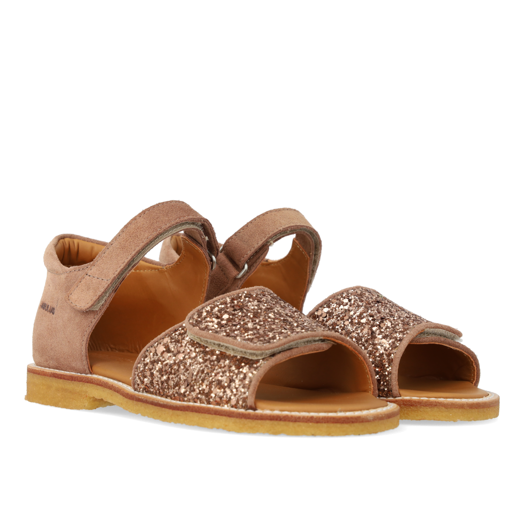 Justerbar sandal i læder med funklende glitter
