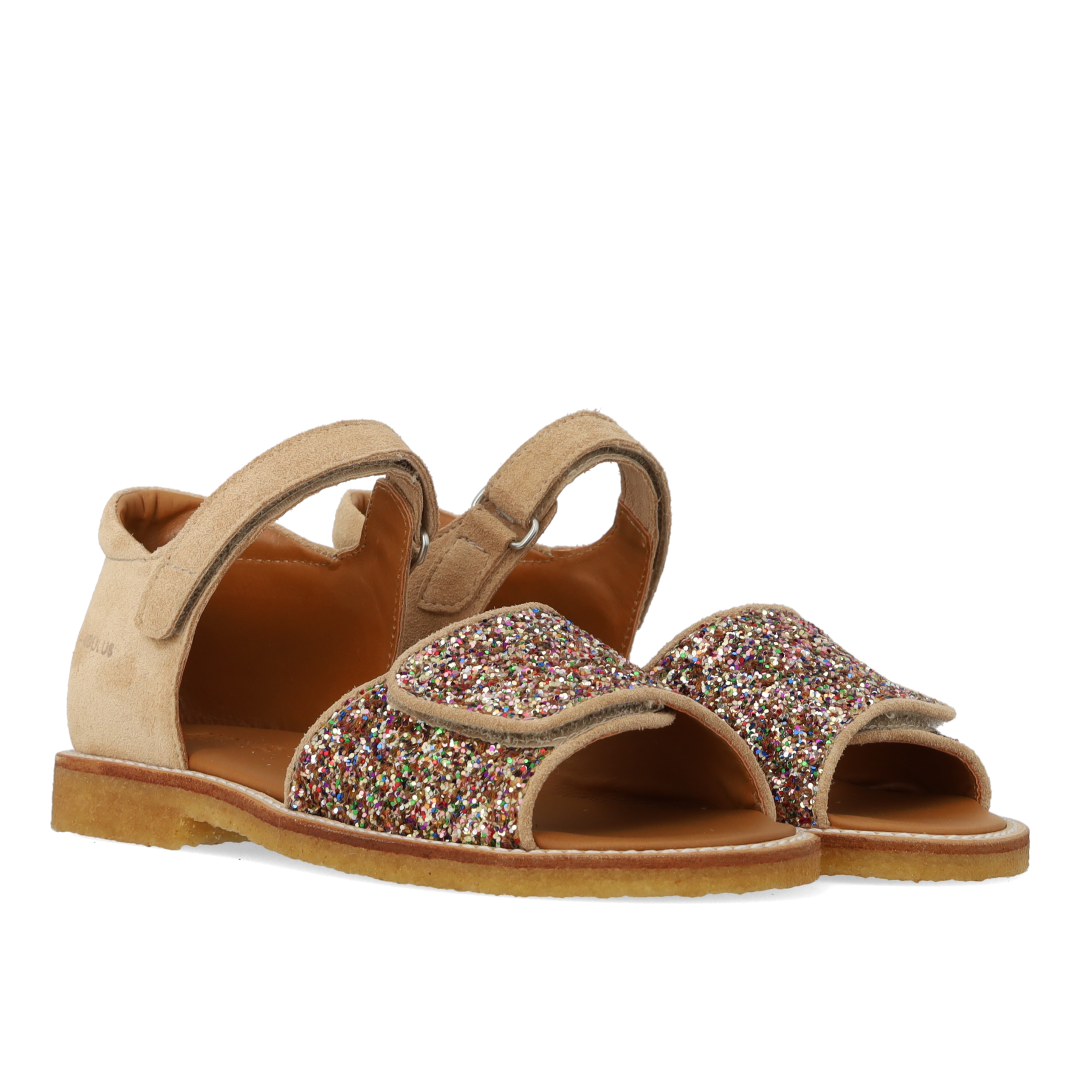 Justerbar sandal i læder med funklende glitter