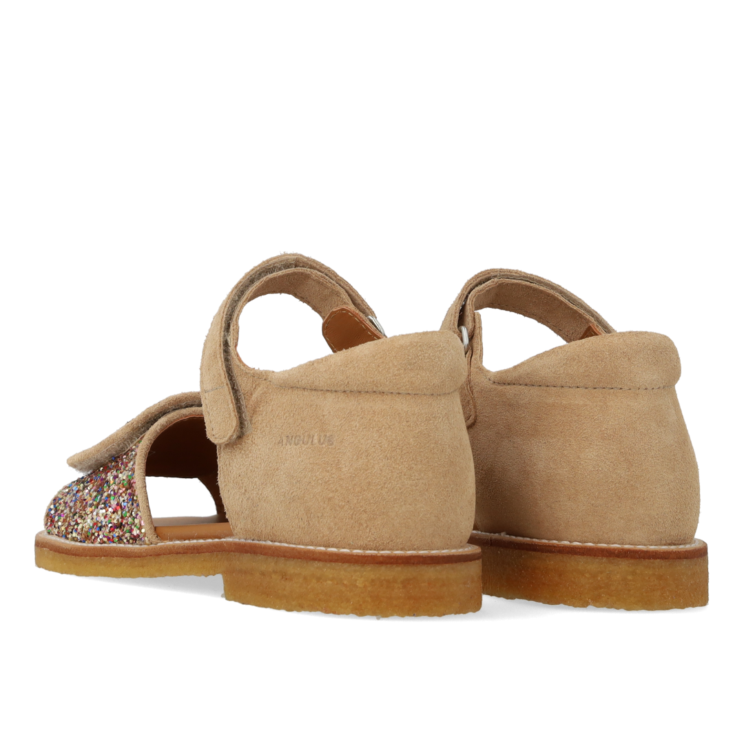 Justerbar sandal i læder med funklende glitter