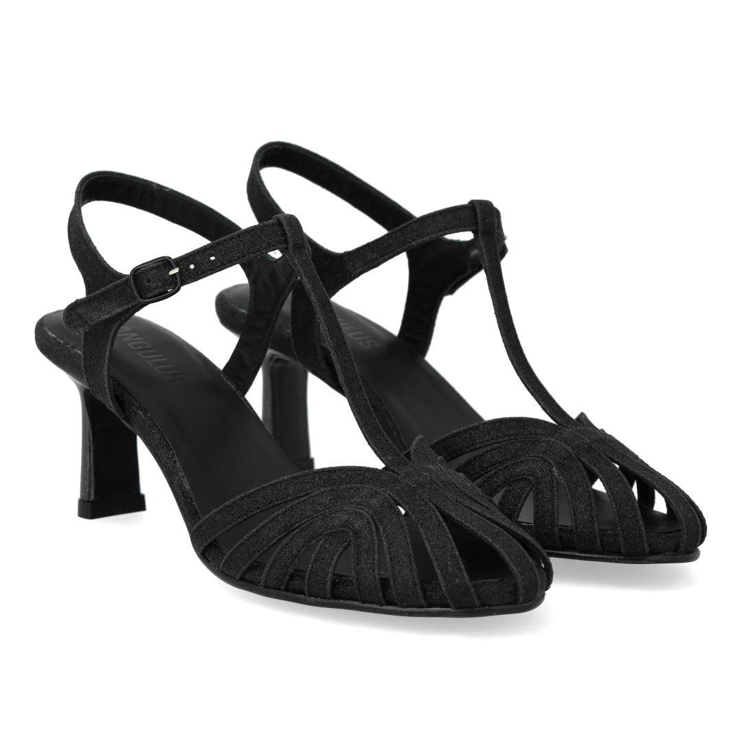 Højhælet glitter sandal med organisk frontdetalje