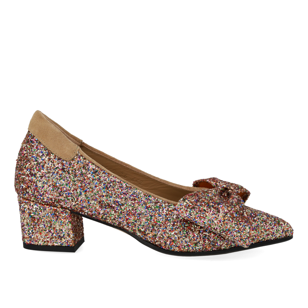 Sløjfe pump i funklende glitter