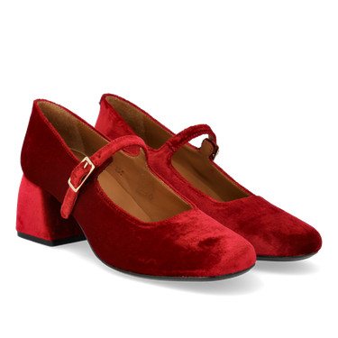 Mary Jane i blød velour med skulpturel hæl