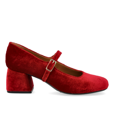 Mary Jane i blød velour med skulpturel hæl