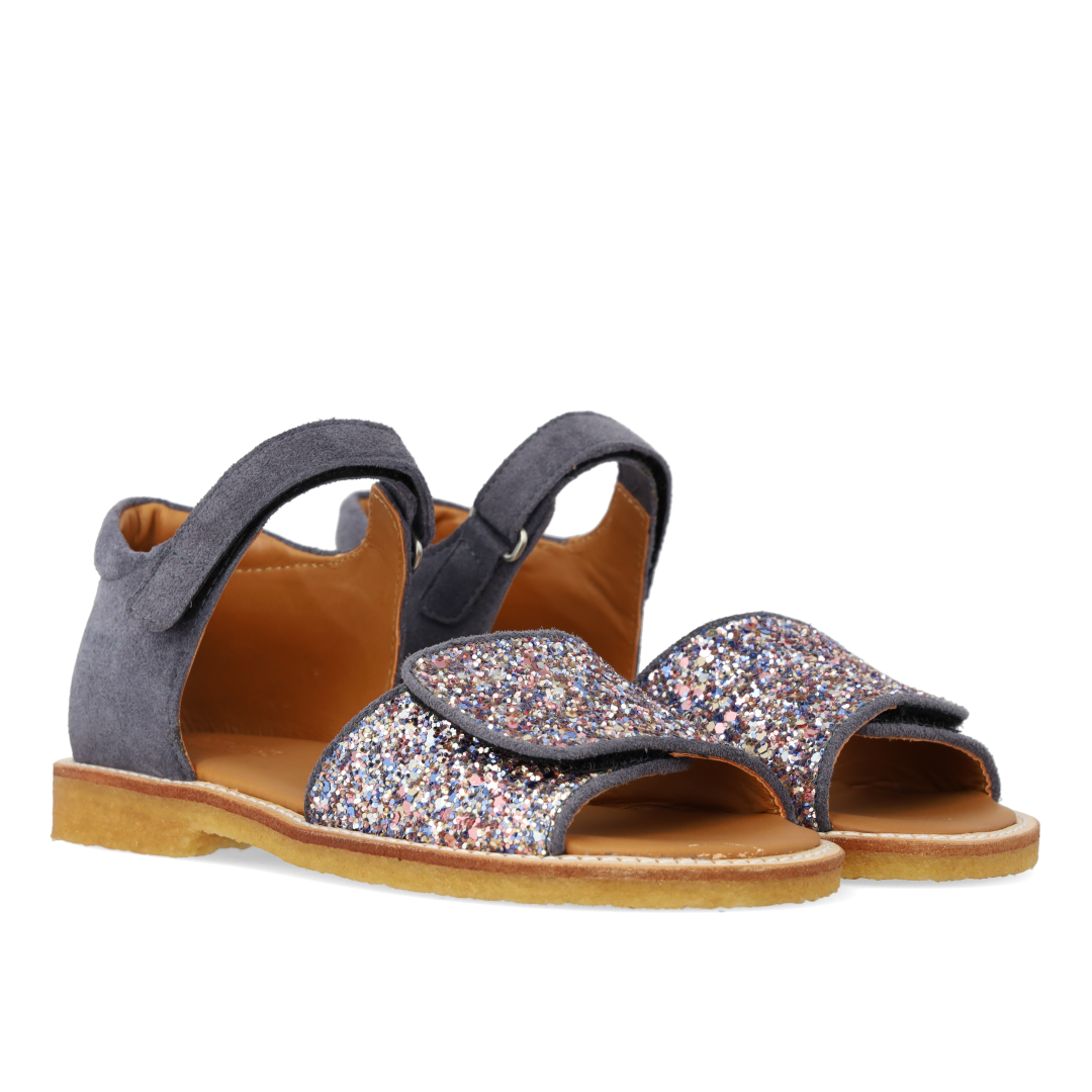 Justerbar sandal i læder med funklende glitter