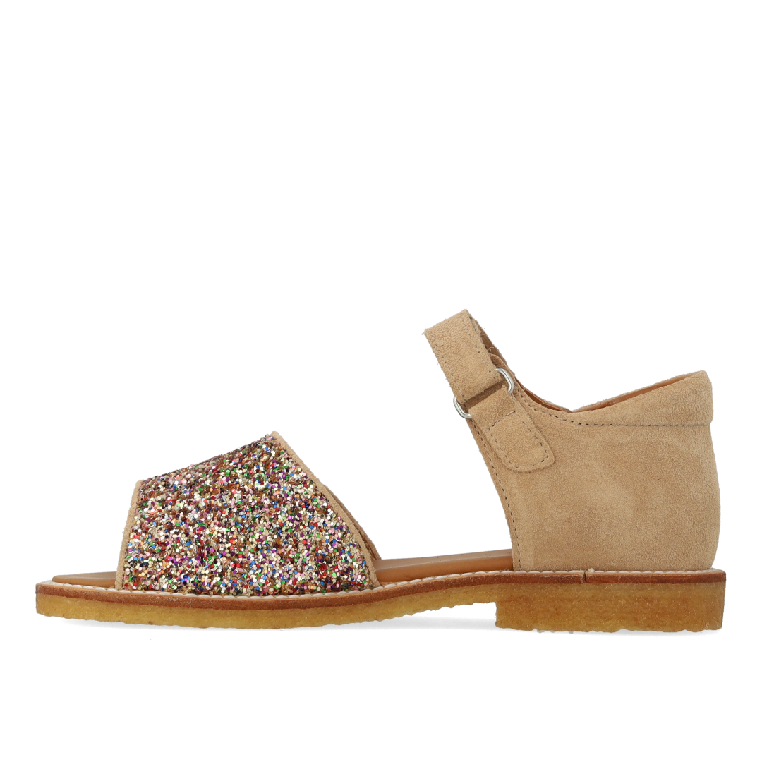 Justerbar sandal i læder med funklende glitter