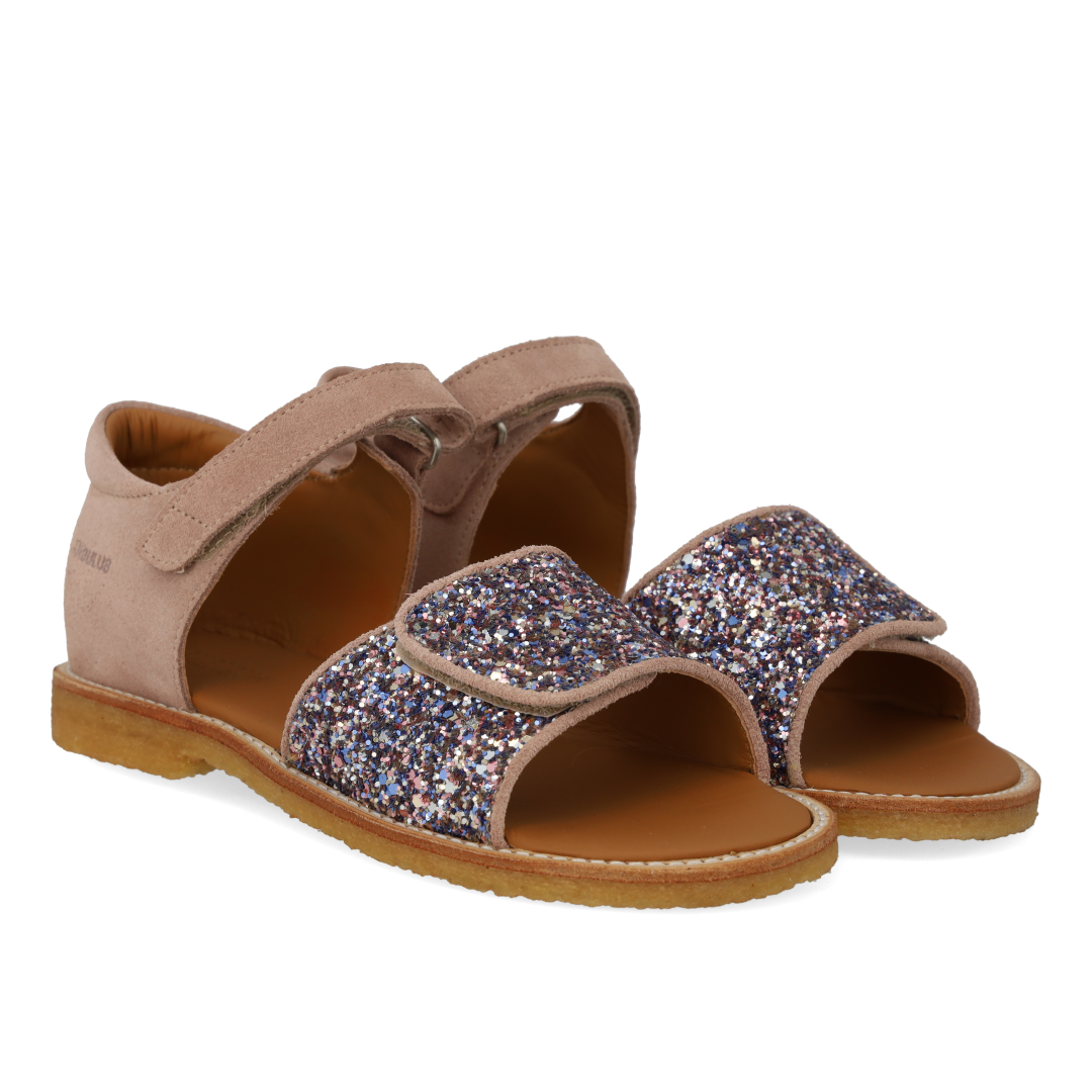 Justerbar sandal i læder med funklende glitter