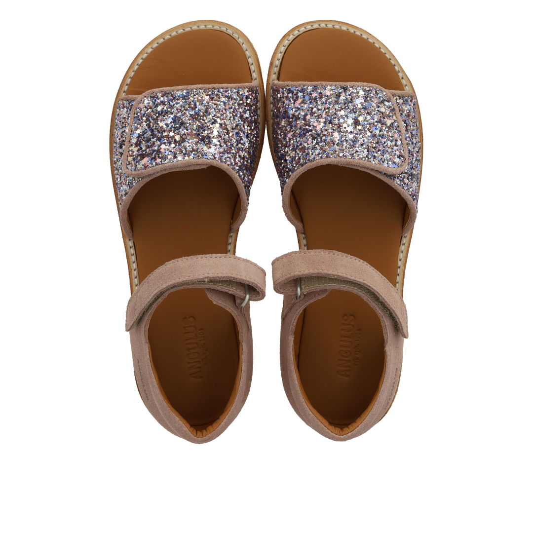 Justerbar sandal i læder med funklende glitter