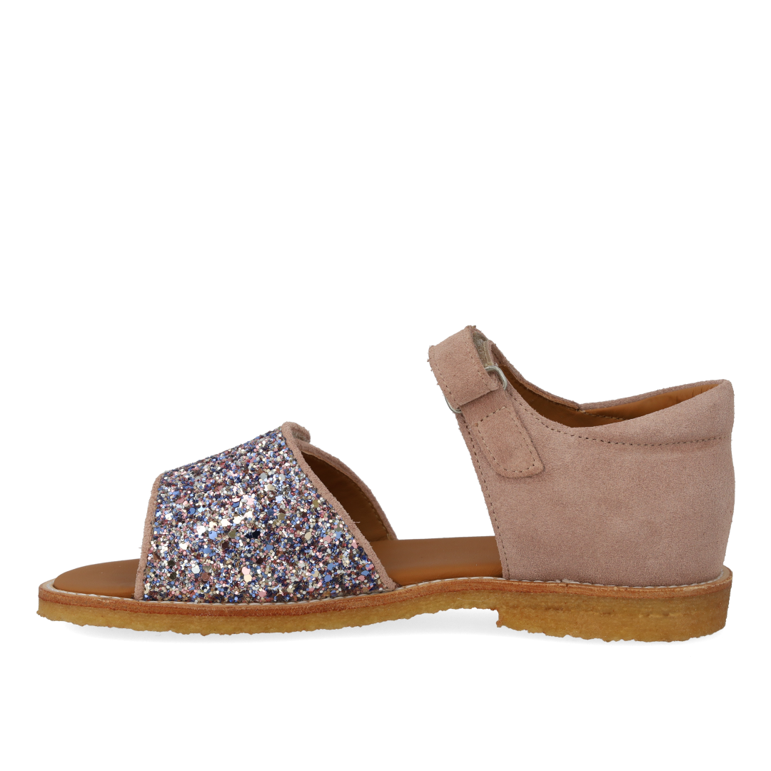 Justerbar sandal i læder med funklende glitter