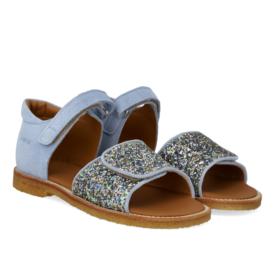 Justerbar sandal i læder med funklende glitter
