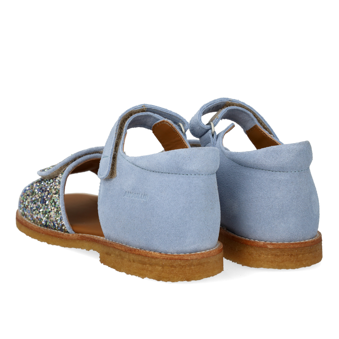 Justerbar sandal i læder med funklende glitter