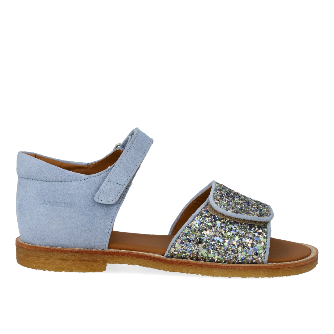 Justerbar sandal i læder med funklende glitter