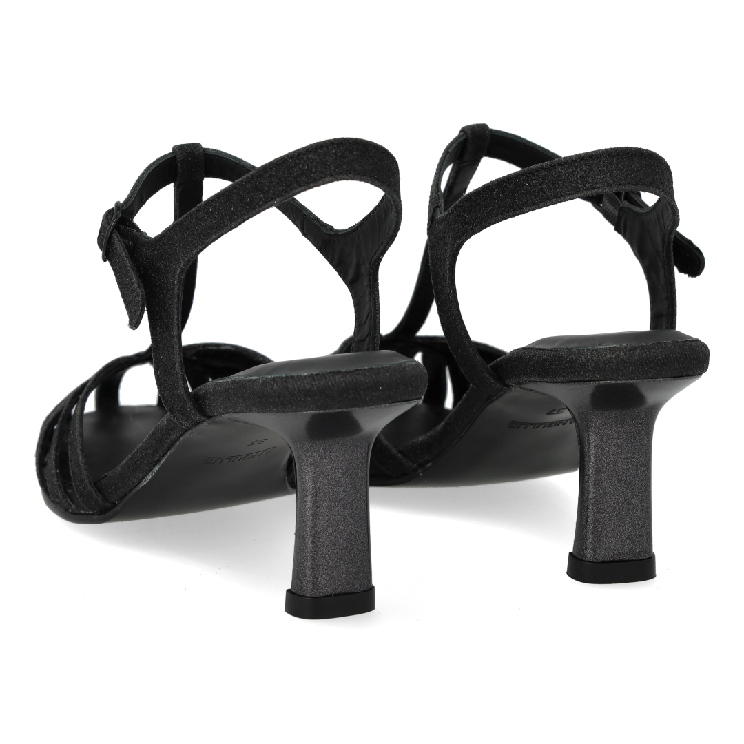 Højhælet glitter sandal med organisk frontdetalje