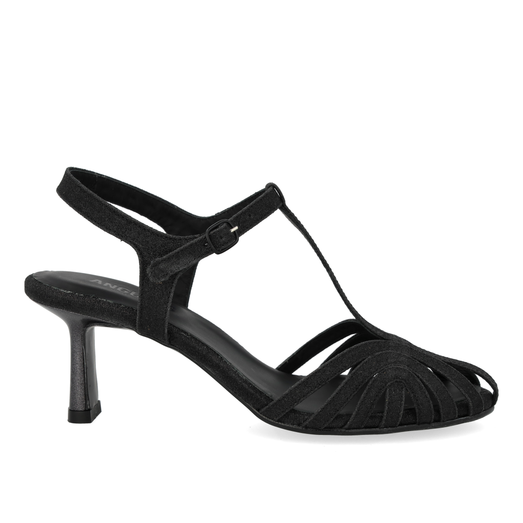 Højhælet glitter sandal med organisk frontdetalje