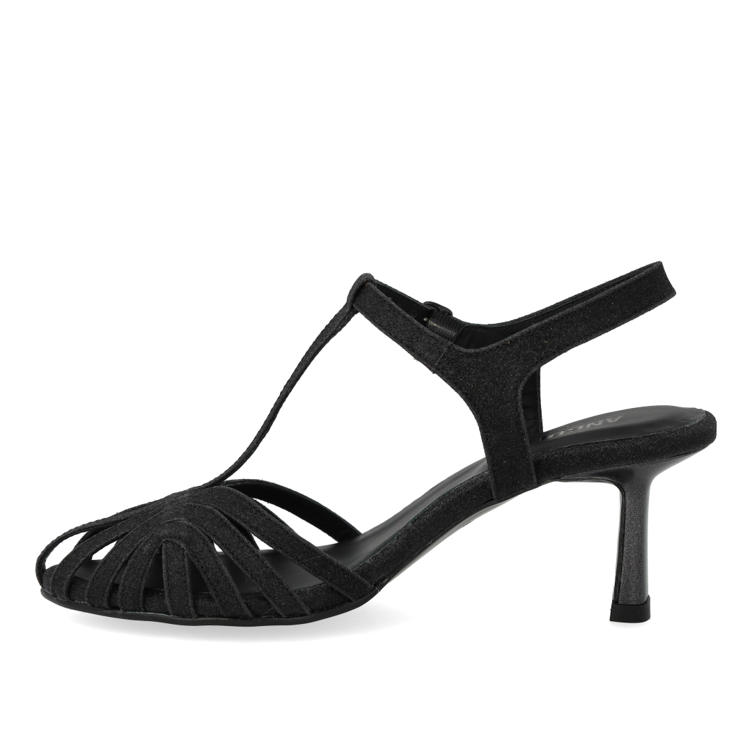 Højhælet glitter sandal med organisk frontdetalje