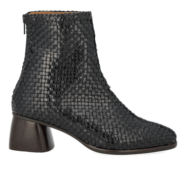 Håndflettet læderstøvlet med skulpturel blokhæl