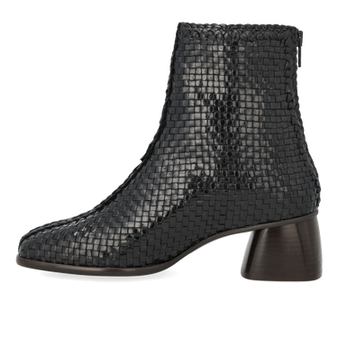 Håndflettet læderstøvlet med skulpturel blokhæl