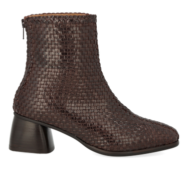 Håndflettet læderstøvlet med skulpturel blokhæl